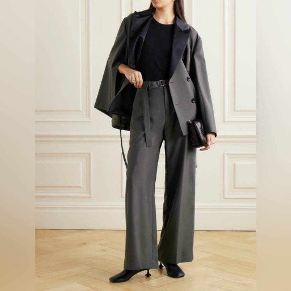 Sacai - Belted Satin Trimmed cady wide-legged pants - Picture 3 of 15